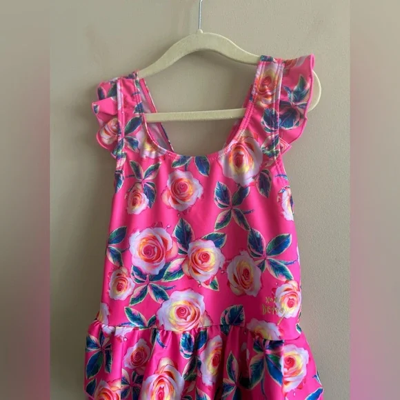 Betsey Johnson | KIDS Floral Pink Ruffle Swimsuit, Size 7/8 - Picture 2 of 8